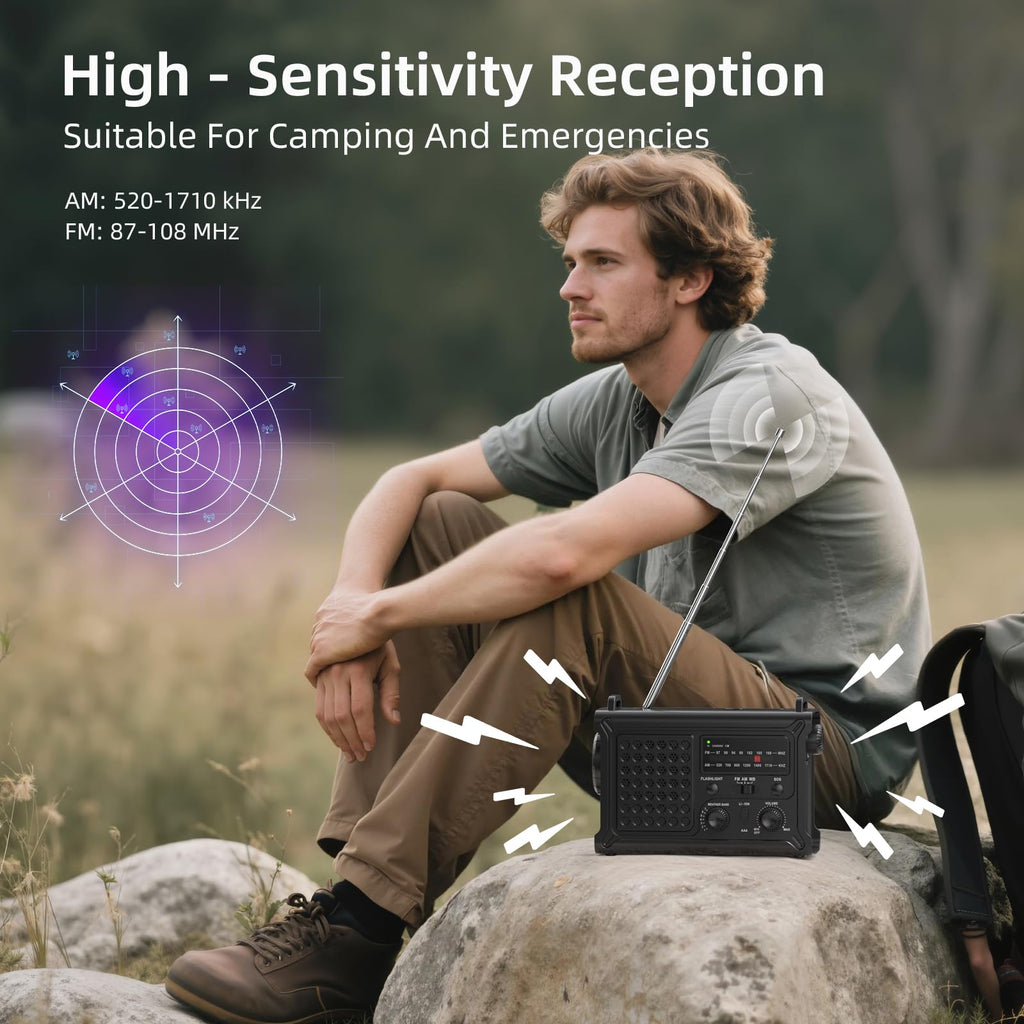 Noodradio met Powerbank, Zwengel en Zonnepaneel – 12000 mAh