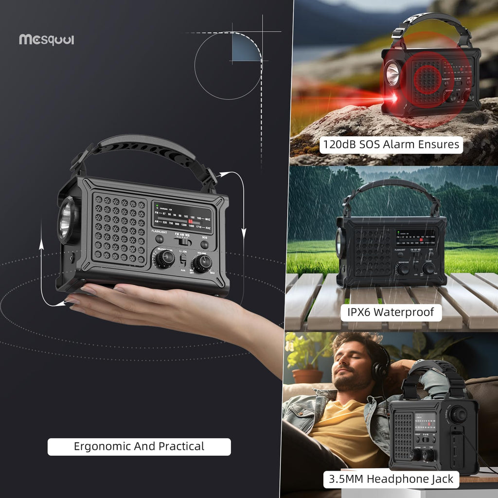 Noodradio met Powerbank, Zwengel en Zonnepaneel – 12000 mAh