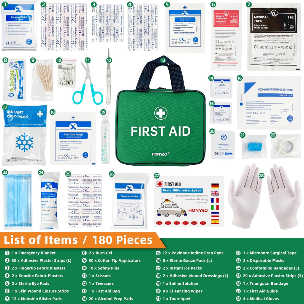 Complete EHBO-set 180-delig in groene opbergkit voor thuis, auto en outdoor gebruik