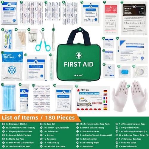 Complete EHBO-set 180-delig in groene opbergkit voor thuis, auto en outdoor gebruik