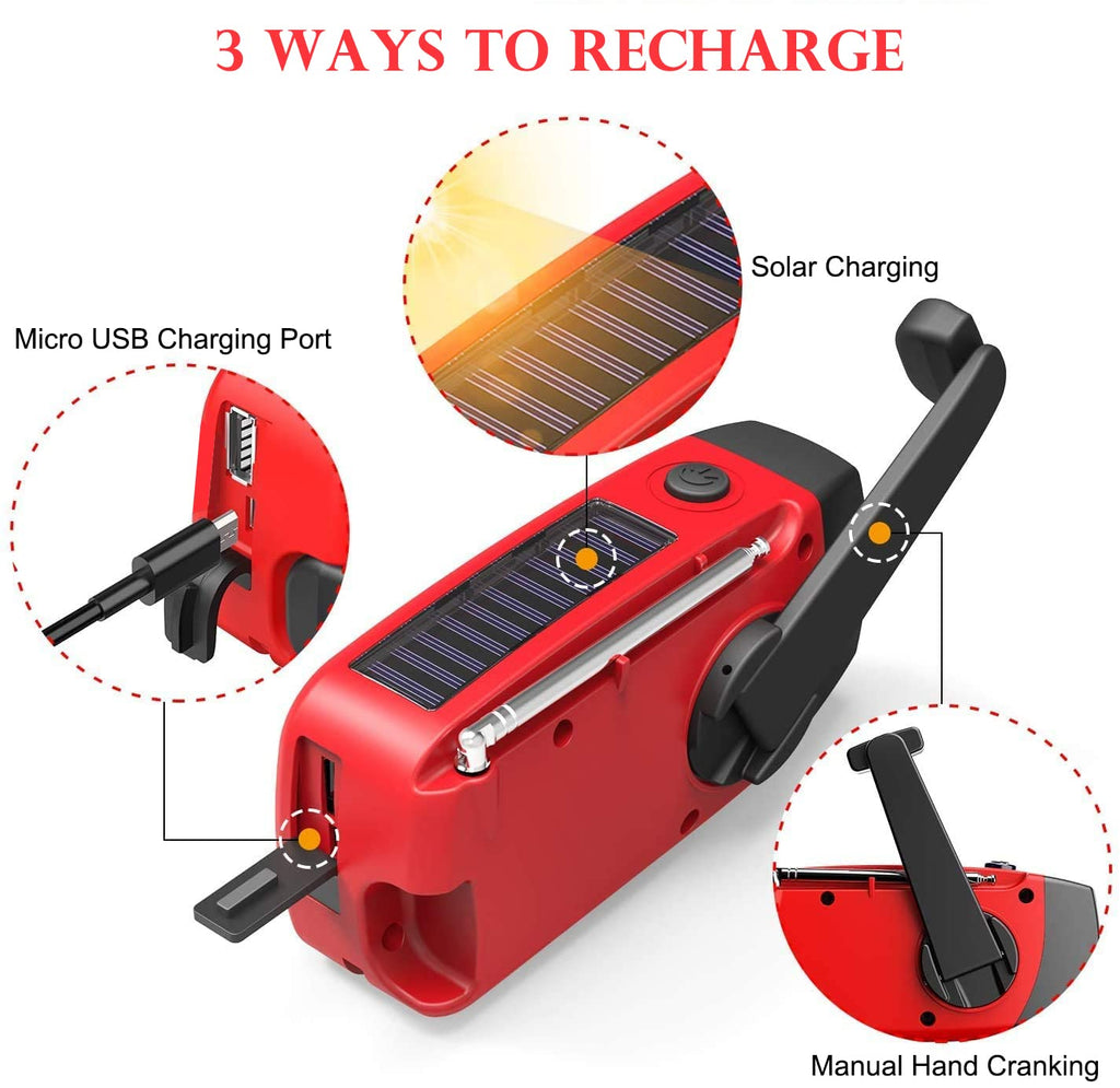 Draagbare noodradio op zonne-energie met handslinger, zaklamp en 2000 mAh powerbank