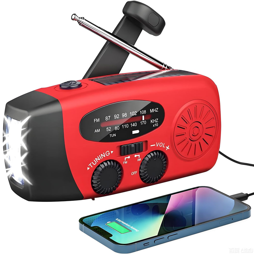 Draagbare noodradio op zonne-energie met handslinger, zaklamp en 2000 mAh powerbank