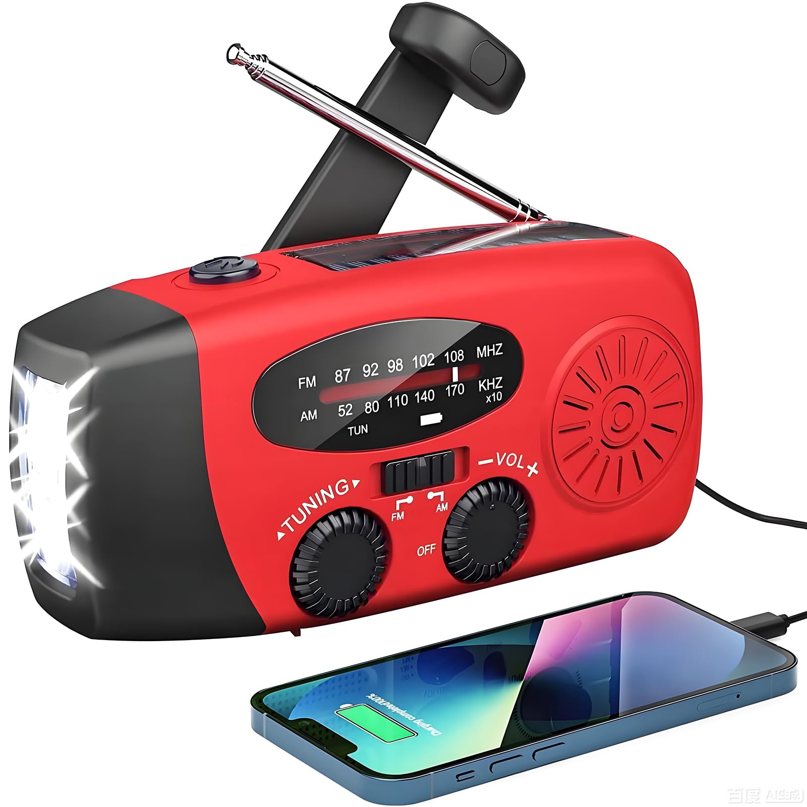 Draagbare noodradio op zonne-energie met handslinger, zaklamp en 2000 mAh powerbank