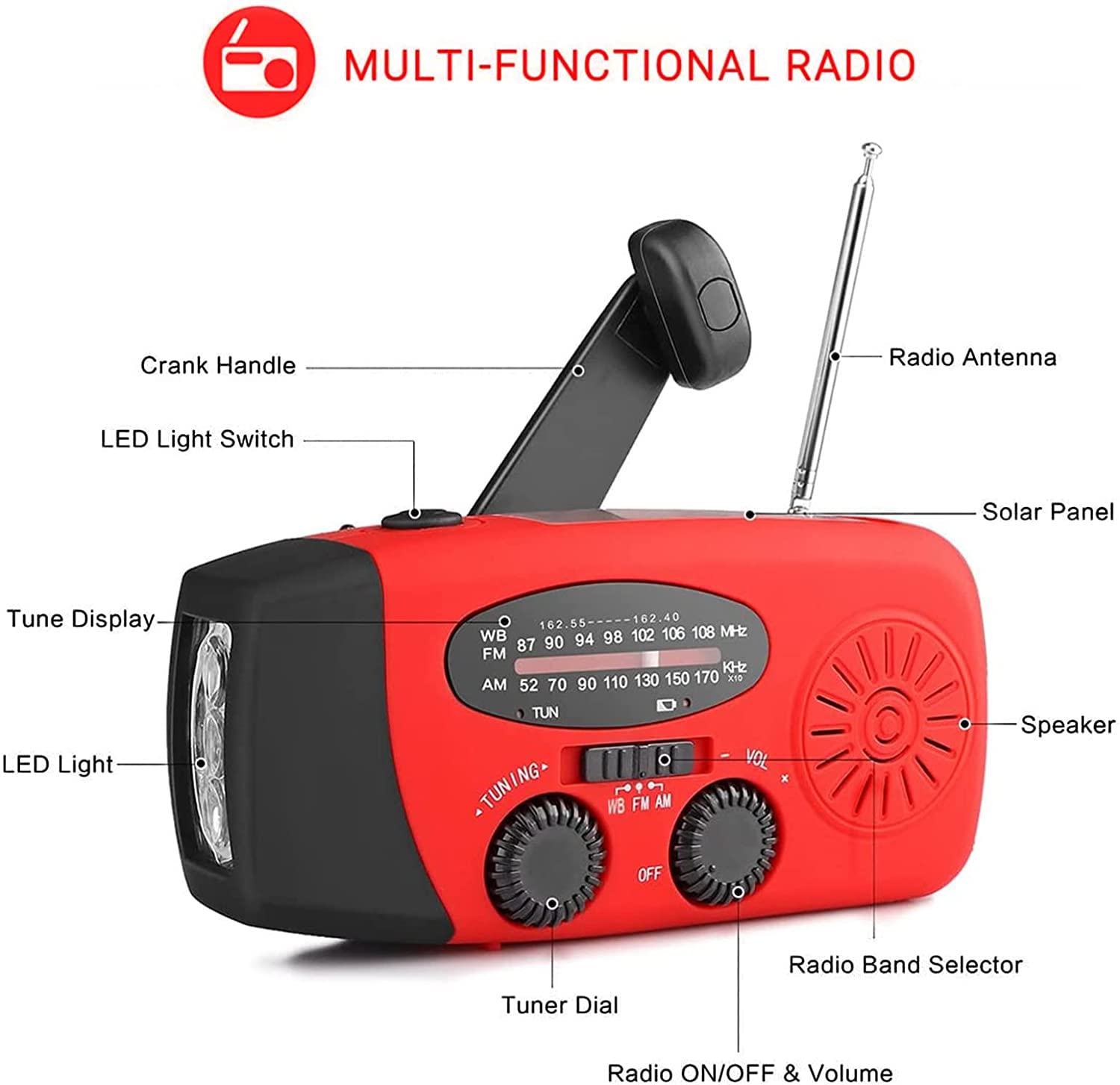 Draagbare noodradio op zonne-energie met handslinger, zaklamp en 2000 mAh powerbank