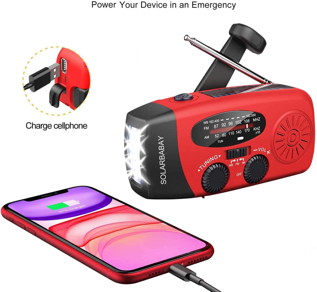 Draagbare noodradio op zonne-energie met handslinger, zaklamp en 2000 mAh powerbank