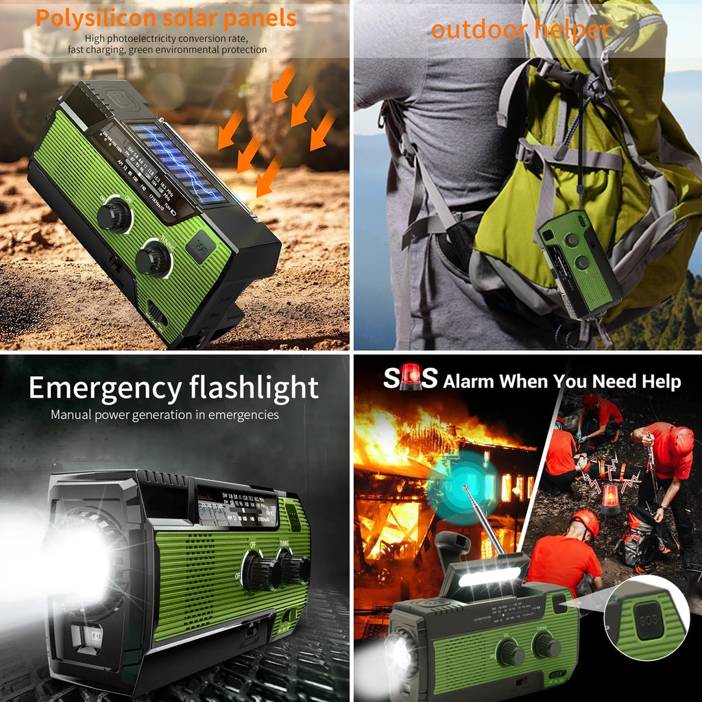 Noodradio op zonne-energie met handslinger, zaklamp, SOS-alarm en 4000 mAh powerbank