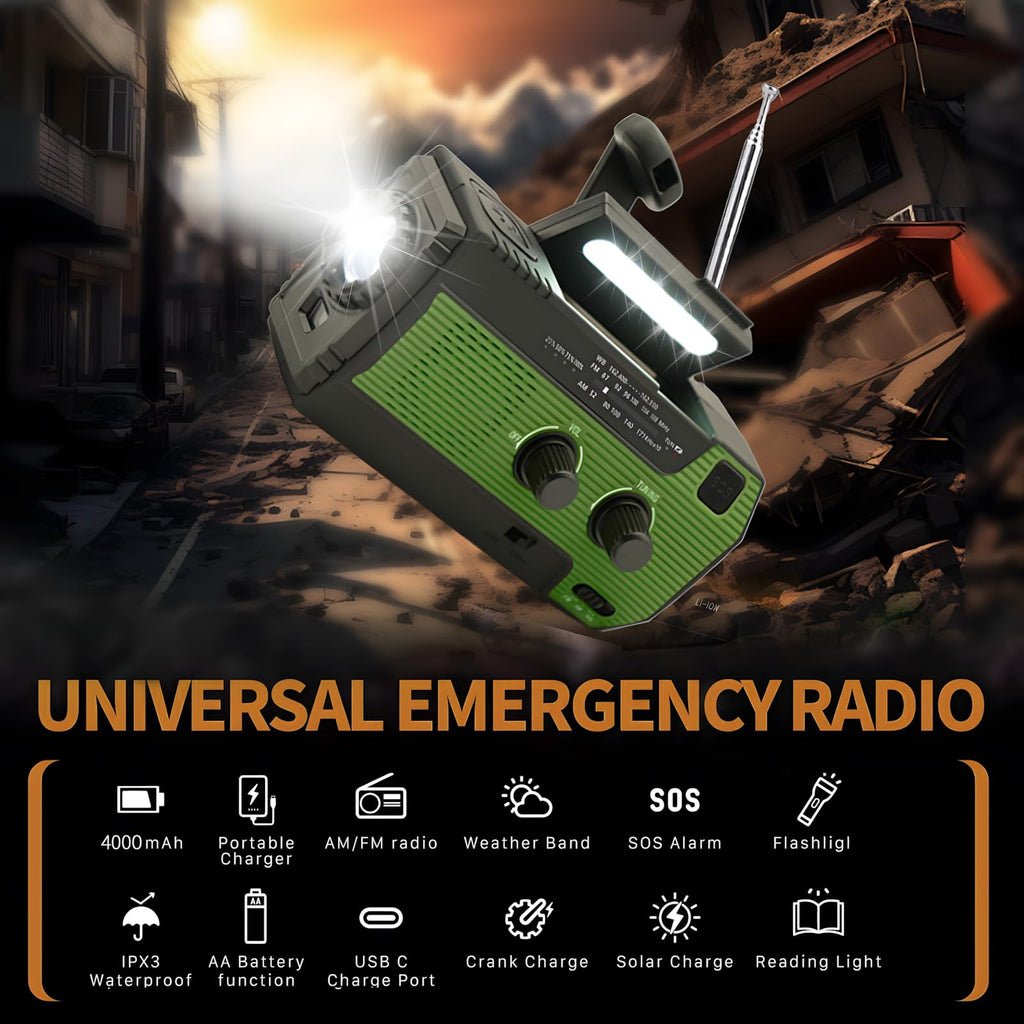 Noodradio op zonne-energie met handslinger, zaklamp, SOS-alarm en 4000 mAh powerbank