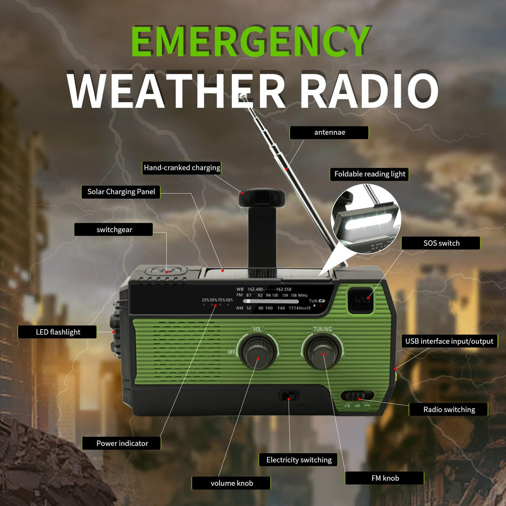 Noodradio op zonne-energie met handslinger, zaklamp, SOS-alarm en 4000 mAh powerbank