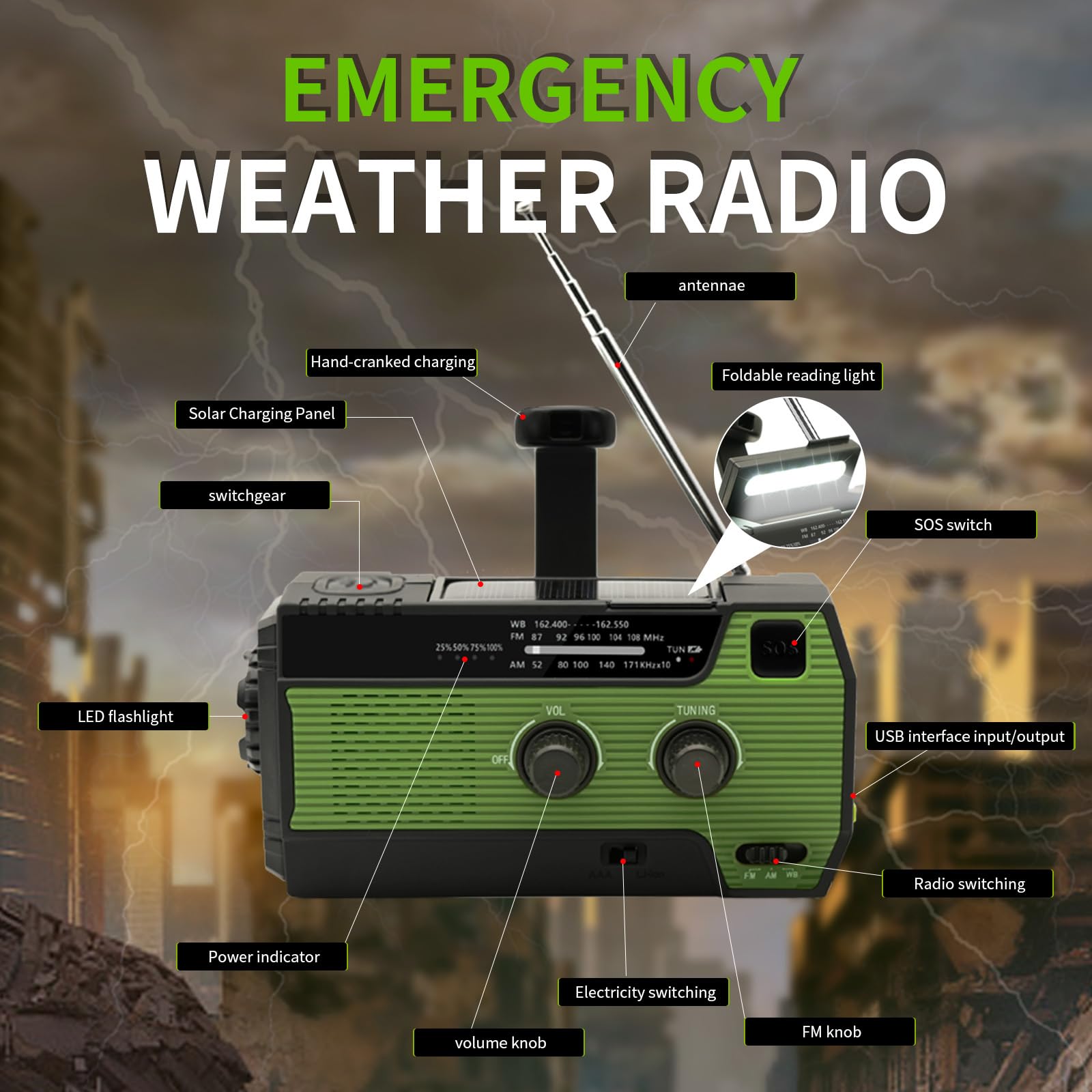 Noodradio op zonne-energie met handslinger, zaklamp, SOS-alarm en 4000 mAh powerbank