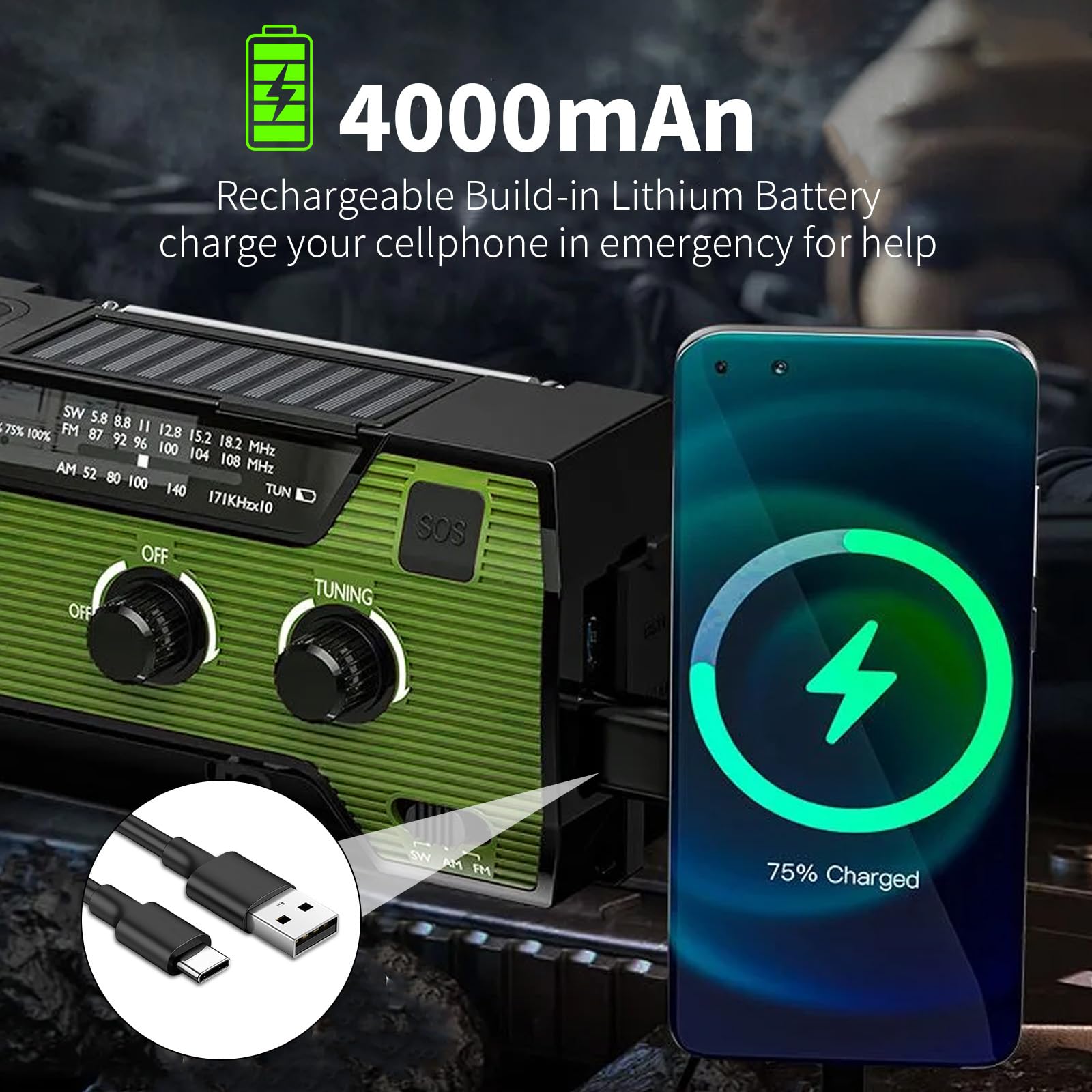 Noodradio op zonne-energie met handslinger, zaklamp, SOS-alarm en 4000 mAh powerbank